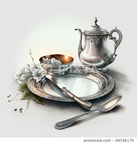 Antique retro silverware, beautiful table setting for breakfast, on a white background Antique retro silverware, beautiful table setting for breakfast, on a white background 99596170