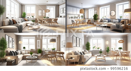 Stylish scandinavian living room with design mint sofa, furnitures, mock up poster map, plants and elegant personal accessories. Modern home decor. Bright and sunny room. Generative AI illustration. Stylish scandinavian living room with design mint sofa, furnitures, mock up poster map, plants and elegant personal accessories. Modern home decor. Bright and sunny room. Generative AI illustration. 99596216