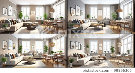 Stylish scandinavian living room with design mint sofa, furnitures, mock up poster map, plants and elegant personal accessories. Modern home decor. Bright and sunny room. Generative AI illustration. Stylish scandinavian living room with design mint sofa, furnitures, mock up poster map, plants and elegant personal accessories. Modern home decor. Bright and sunny room. Generative AI illustration. 99596305