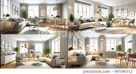 Stylish scandinavian living room with design mint sofa, furnitures, mock up poster map, plants and elegant personal accessories. Modern home decor. Bright and sunny room. Generative AI illustration. 99596352