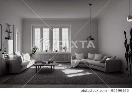Stylish scandinavian living room with design mint sofa, furnitures, mock up poster map, plants and elegant personal accessories. Modern home decor. Bright and sunny room. Generative AI illustration. 99596353