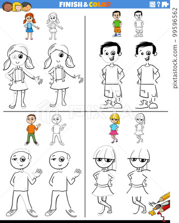 drawing and coloring worksheets set with children characters 99596562