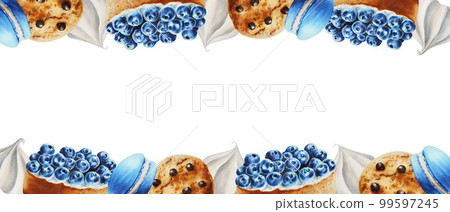 Watercolor frame with biscuits, meringue, marshmallows, blueberry tartlet, macaroons. Hand painting sweet on a white isolated background. For designers, menu, shop, bar, bistro, restaurant, for 99597245