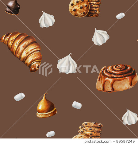 Watercolor seamless pattern with meringue, chocolate marshmallows, croissant, biscuits, orange souffl. Hand painting sweet on a white isolated background. For designers, menu, shop, bar, bistro 99597249