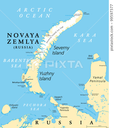 Novaya Zemlya, archipelago in northern Russia, political map. Situated in Arctic Ocean, between Barents Sea and Kara Sea, consisting of Severny Island and Yuzhny Island. Nuclear weapons testing venue. 99597377