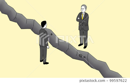 Blog illustration, two men standing apart on a cliff, old man and young man, discontinuity illustration image, vector 99597622