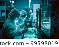 Scientists in the lab working on cpu chip and technologies 99598019
