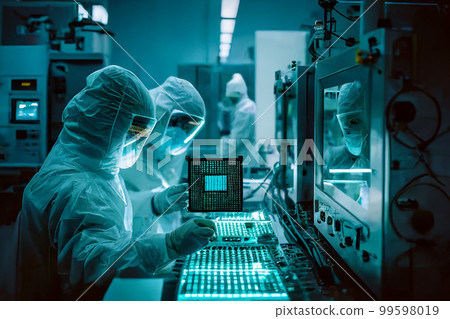 Scientists in the lab working on cpu chip and technologies 99598019