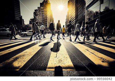 pedestrians people  cross city street at busy road urban scene 99598042