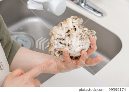 [A middle-aged housewife looks at a maitake mushroom] 99599174