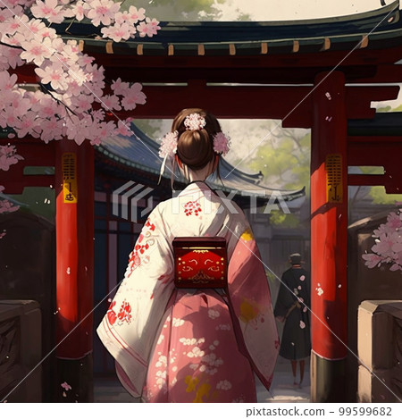 站在神社門前的和服女子 站在神社門前的和服女子 99599682