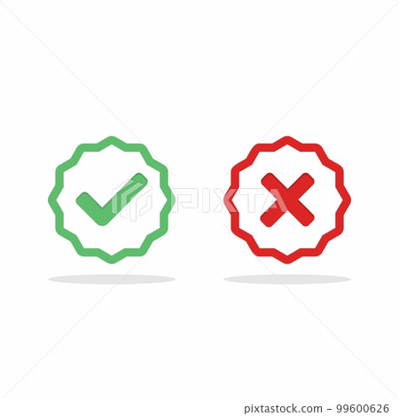 Check and wrong marks, Tick and cross marks, Accepted/Rejected, Approved/Disapproved, Yes/No, Right/Wrong, Green/Red, Correct/False, Ok/Not Ok - vector mark symbols in green and red. Isolated icon. 99600626