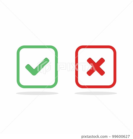 Check and wrong marks, Tick and cross marks, Accepted/Rejected, Approved/Disapproved, Yes/No, Right/Wrong, Green/Red, Correct/False, Ok/Not Ok - vector mark symbols in green and red. Isolated icon. 99600627