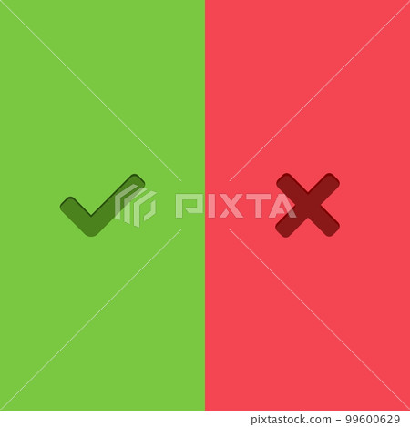 Check and wrong marks, Tick and cross marks, Accepted/Rejected, Approved/Disapproved, Yes/No, Right/Wrong, Green/Red, Correct/False, Ok/Not Ok - vector mark symbols in green and red. Isolated icon. 99600629