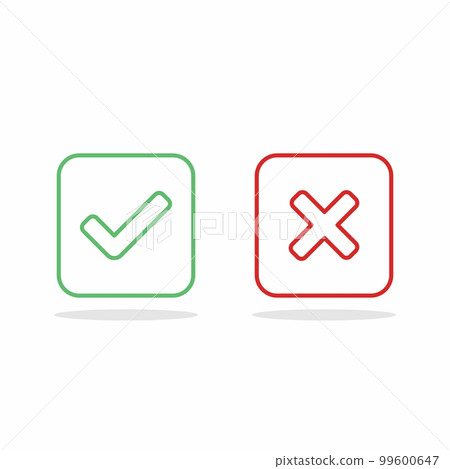 Check and wrong marks, Tick and cross marks, Accepted/Rejected, Approved/Disapproved, Yes/No, Right/Wrong, Green/Red, Correct/False, Ok/Not Ok - vector mark symbols in green and red. Isolated icon. Check and wrong marks, Tick and cross marks, Accepted/Rejected, Approved/Disapproved, Yes/No, Right/Wrong, Green/Red, Correct/False, Ok/Not Ok - vector mark symbols in green and red. Isolated icon. 99600647