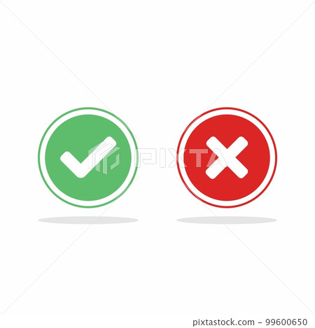 Check and wrong marks, Tick and cross marks, Accepted/Rejected, Approved/Disapproved, Yes/No, Right/Wrong, Green/Red, Correct/False, Ok/Not Ok - vector mark symbols in green and red. Isolated icon. 99600650
