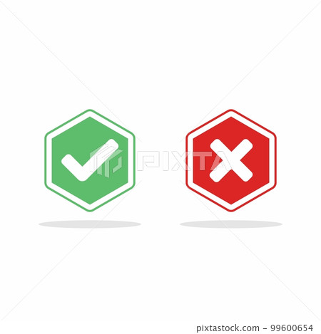 Check and wrong marks, Tick and cross marks, Accepted/Rejected, Approved/Disapproved, Yes/No, Right/Wrong, Green/Red, Correct/False, Ok/Not Ok - vector mark symbols in green and red. Isolated icon. 99600654