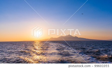 Beautiful scenery that can be seen from the Ariake Sea (Shimabara Peninsula and sunlight/wild bird seagulls) Ferry voyage/travel (From Shimabara Port to Kumamoto Port) 99601055
