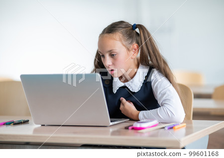 Caucasian girl studying on a laptop in a classroom.  99601168