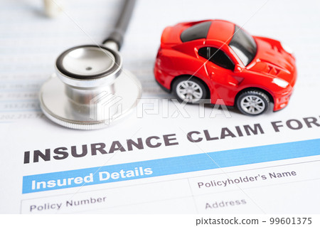 Stethoscope on Insurance claim accident car form, Car loan, insurance and leasing time concepts. 99601375