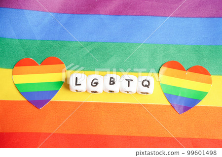 LGBT text character with rainbow flag heart for symbol of pride month lesbian, gay, bisexual, transgender, human rights, tolerance and peace. 99601498