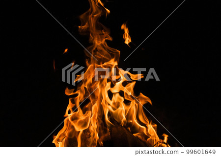 Burning flame or fire isolated on black background. stack of thermal energy close-up, red and yellow, heat energy igniting fuel during night,light on black background. 99601649