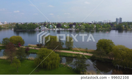 Alster Park at River Alster Lake in Hamburg from above 99602108