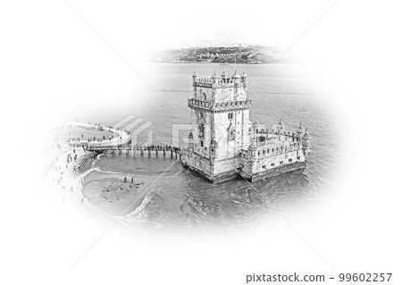 Most important landmark in Lisbon . The Tower of Belem from above 99602257