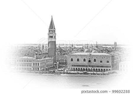 Aerial view over skyline of Venice at St Marks Place with Campanile and Doge Palace 99602288
