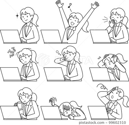 Facial expression set of a business woman working on a computer 99602310