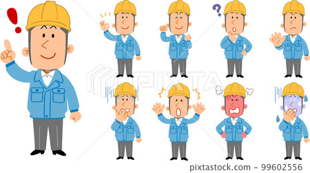 A young man wearing work clothes and a helmet_whole body_9 different facial expressions and poses 99602556