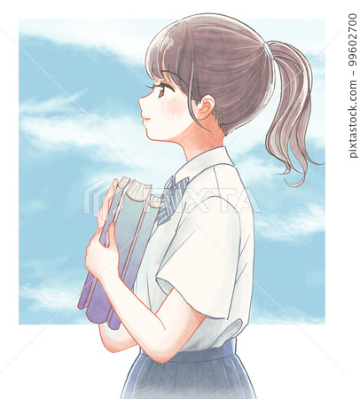拿著許多書和藍天的高中生的插圖 99602700