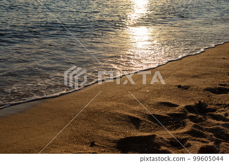 Sandy beach at dusk with gentle waves 99605044