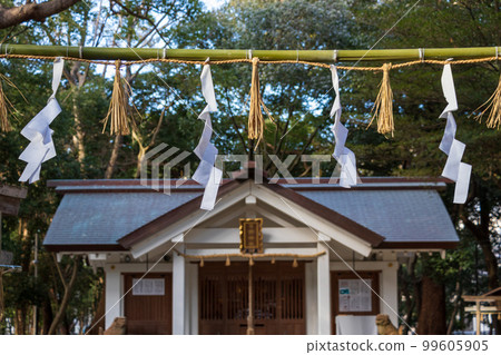 Paper strips and shimenawa decorated on the approach to a shrine 99605905