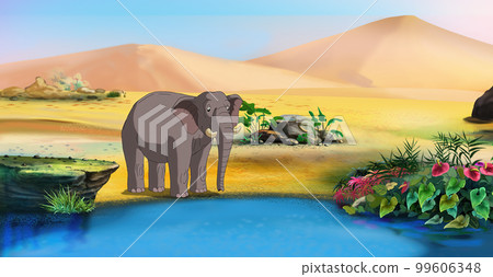 African elephant near a pond illustration African elephant near a pond illustration 99606348