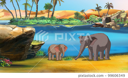 African elephants near a pond illustration African elephants near a pond illustration 99606349