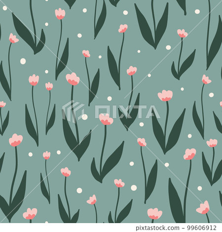 Cute floral pattern pink tulip flowers. Seamless vector texture. Elegant spring trend print. White dots snow. Green. Textiles, fabric, wallpaper, packaging, clothing products, social media layouts 99606912