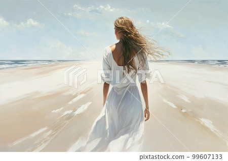 Young woman walks on beach alone, girl wearing white dress by sea, generative AI. 99607133