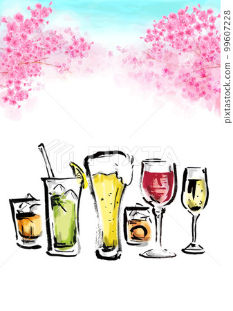 酒精飲料套裝和櫻桃樹林蔭道的手繪水彩風格背景圖 99607228