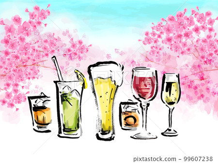 酒精飲料套裝和櫻桃樹林蔭道的手繪水彩風格背景圖 99607238
