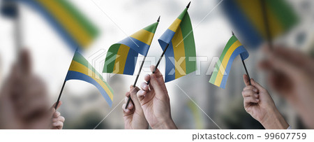 A group of people holding small flags of the Gabon in their hands 99607759