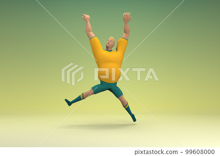 An athlete wearing a yellow shirt and green pants. He is doing exercise. 3d rendering of cartoon character in acting. 99608000