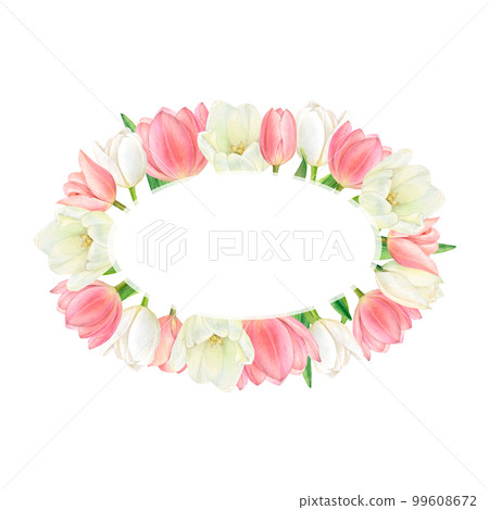 Watercolour oval border of beautiful white and pink tulips. Hand-drawn with space for your text in the center on the white background. Quality picture for greetings, invitation, celebration, holydays Watercolour oval border of beautiful white and pink tulips. Hand-drawn with space for your text in the center on the white background. Quality picture for greetings, invitation, celebration, holydays 99608672