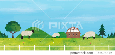 側視全景綿羊農場水彩畫 99608846