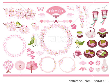 Cherry blossom frame and spring Japanese style material illustration set 99609009