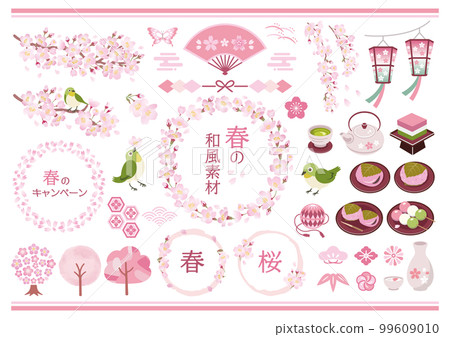 櫻花框和春天日式素材插圖集 99609010