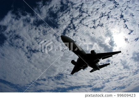 Silhouette of DC-10 approaching Nagoya Airport 99609423