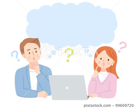 Illustration material of a young couple with an expression thinking while looking at a PC 99609720