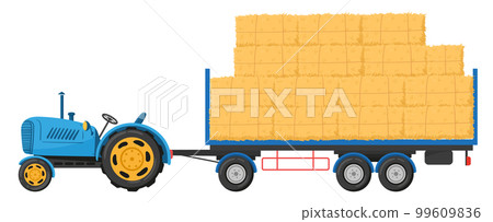 Cartoon agricultural haycock. Tractor with trailer full of hay, rural dried haystack in trailer, fodder straw flat symbols illustration on white background 99609836