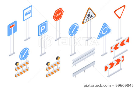 Isometric street road signs. City road signs and traffic signposts, urban city stop, parking and dead end signs 3d vector illustration set Isometric street road signs. City road signs and traffic signposts, urban city stop, parking and dead end signs 3d vector illustration set 99609845